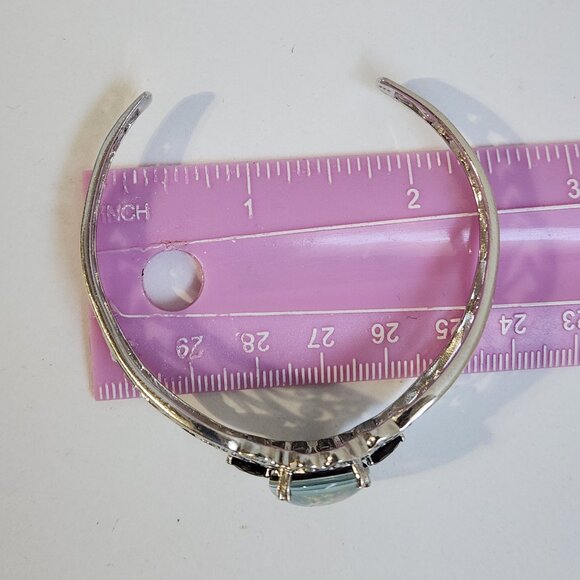 VTG Natural Opal & Onyx Platinum Clad Open Cuff Filigree Ornate Bracelet - Picture 15 of 15